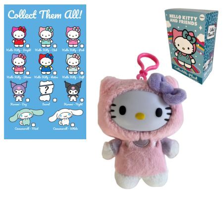 (Mis 0) HELLO KITTY & FRIENDS Peluche Portachiavi 13cm (Viso in Vinile) c/Bagclip -10ass+1 segreto…x12